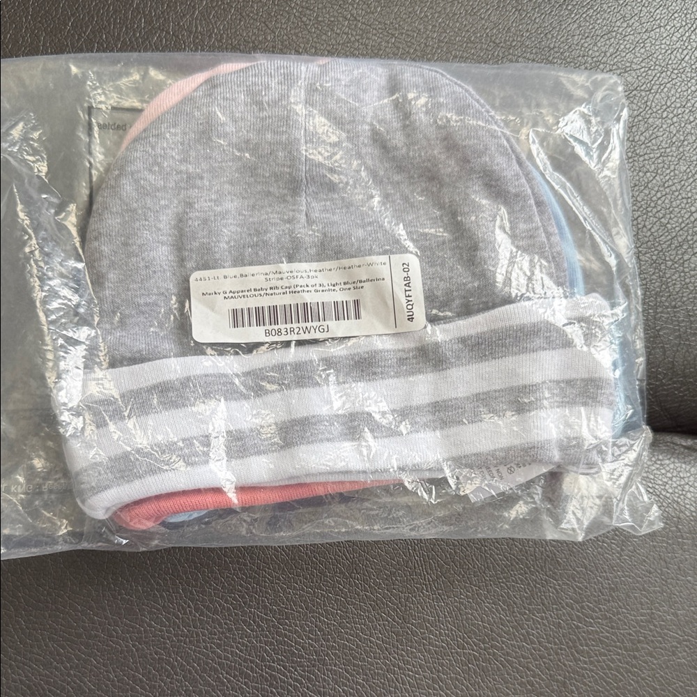 Cozy Striped Beanie Set for Kids - Gray and Pink three hats for baby